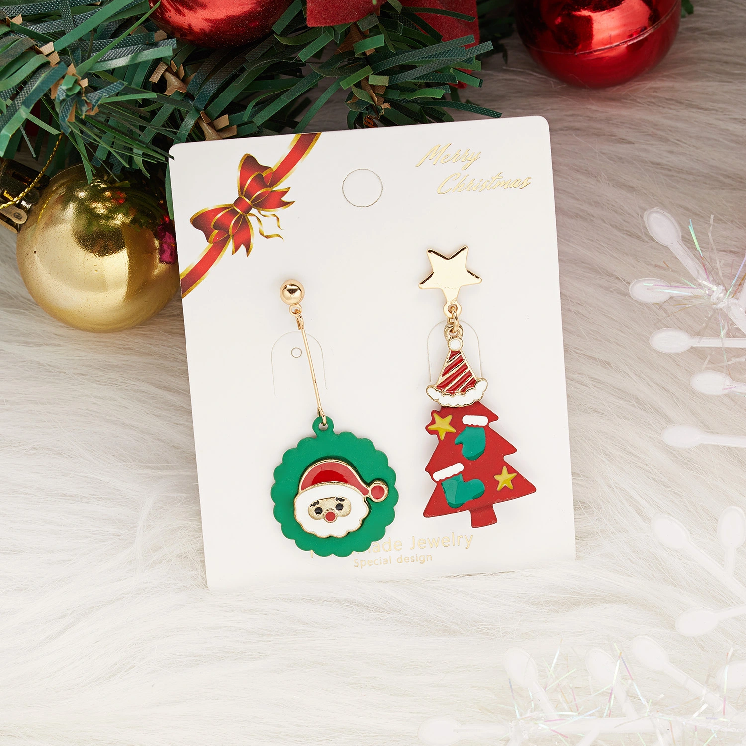 Fashion Soft Clay Santa Claus Christmas Tree Earrings Asymmetrical Earrings