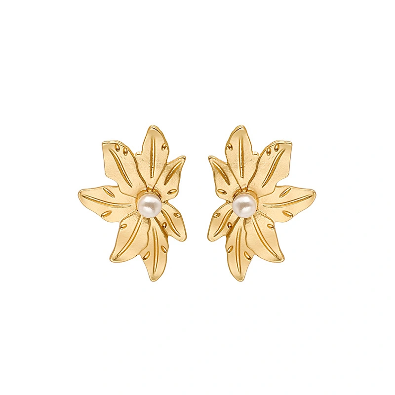 Exaggerated Cold Wind Metal Big Flower Pearl Stud Earrings