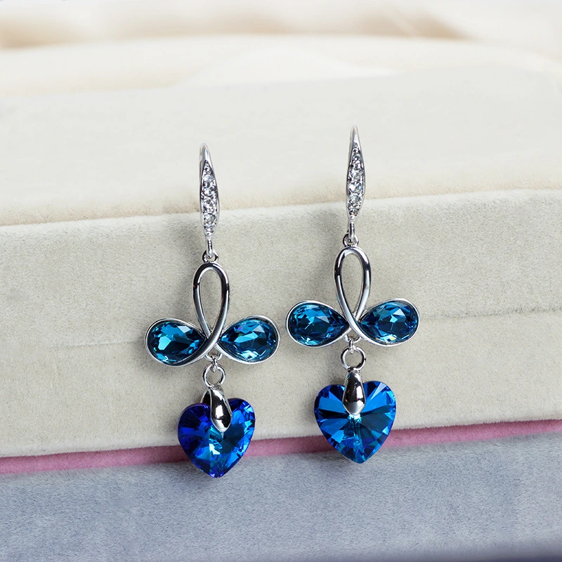 Exaggerated Temperament Earrings Sea Heart Blue Crystal Earrings