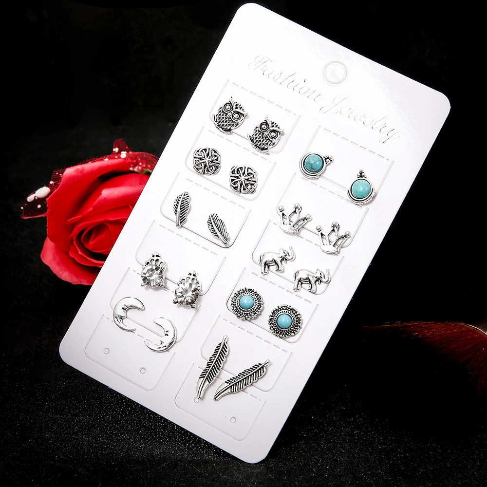 Crown Diamond Elephant Leaf Owl 10 Pair Set Earrings