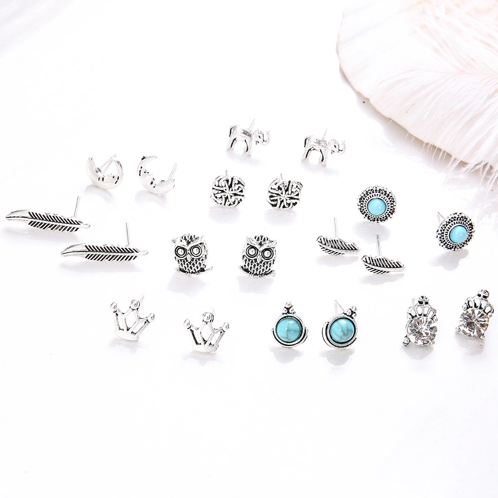 Crown Diamond Elephant Leaf Owl 10 Pair Set Earrings