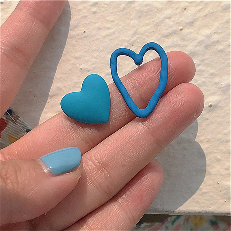 Silver Needle Blue Peach Heart Asymmetrical Stud Earrings