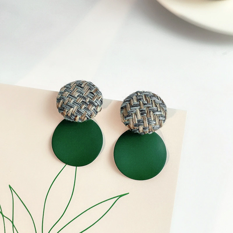 Retro Dark Green Stud Earrings French Disc Abstract Art