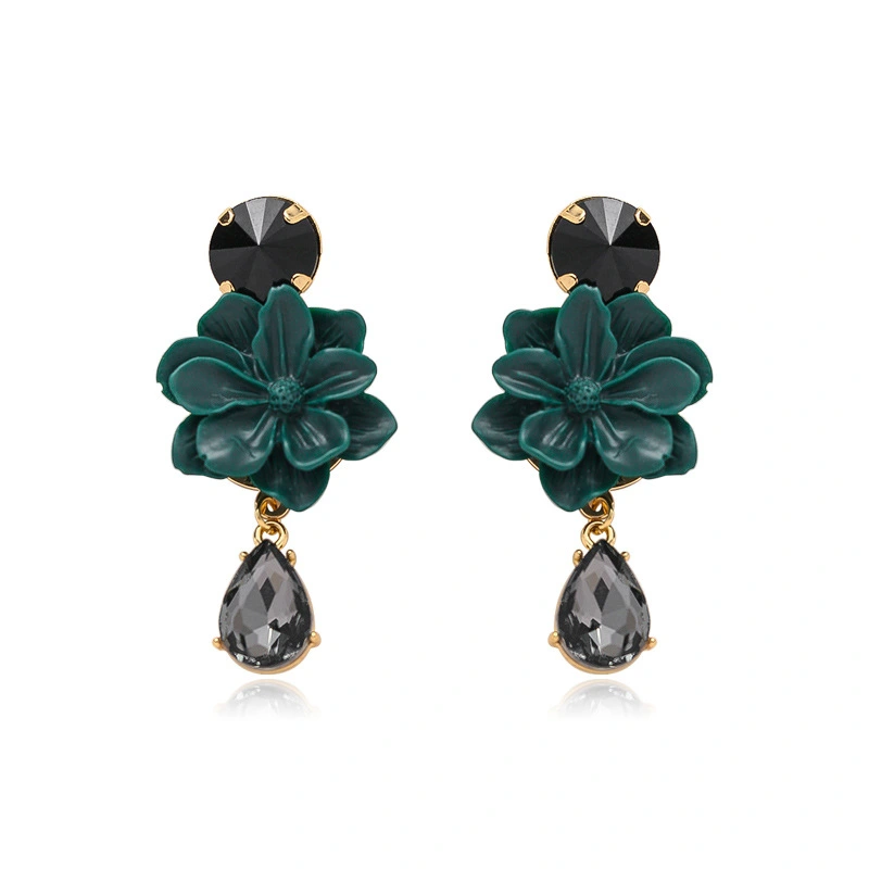 High-quality Green Crystal Flower Earrings Women Long