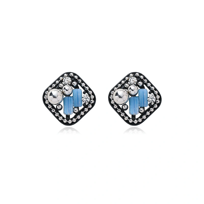 Korean Retro Court Style Rhinestone Square Geometric Stud Earrings