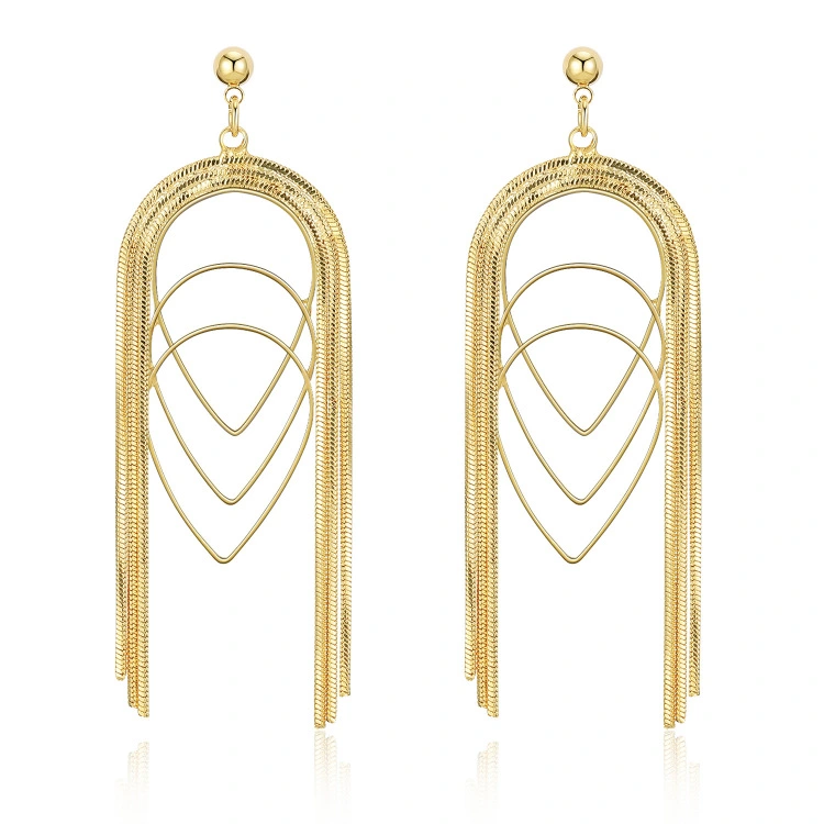 Copper-plated Real Gold Thin Chain Geometric Multi-layer Drop-shaped Long Earrings