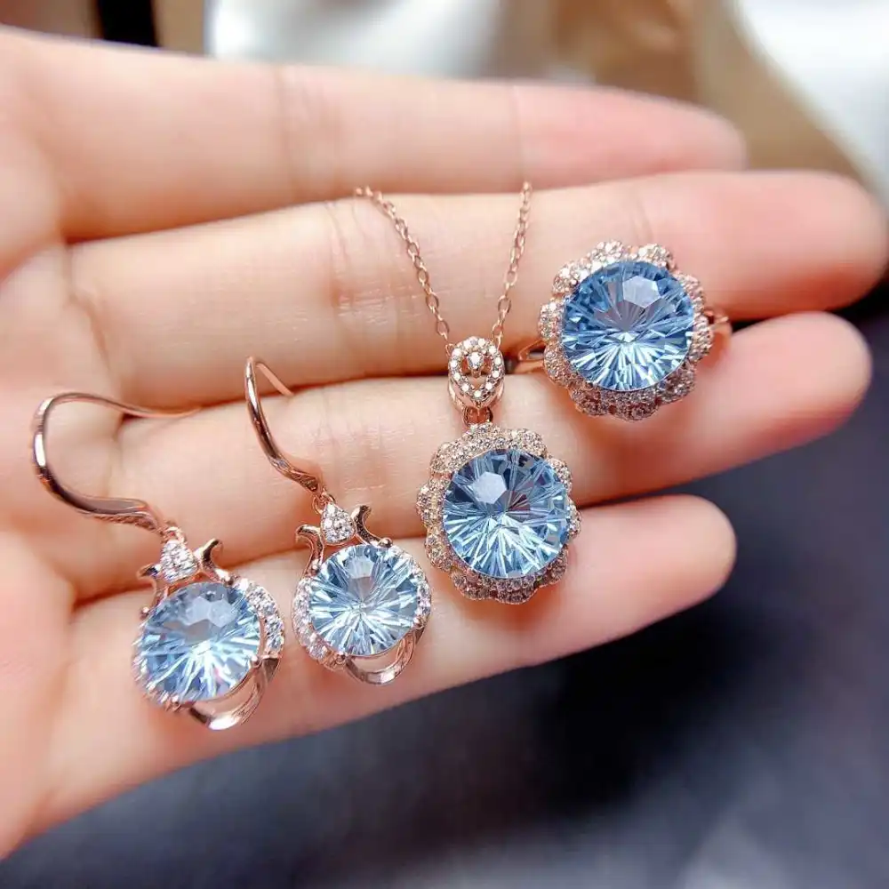 Natural Sky Blue Topaz Set Female Firework Cut Ring Pendant Earrings