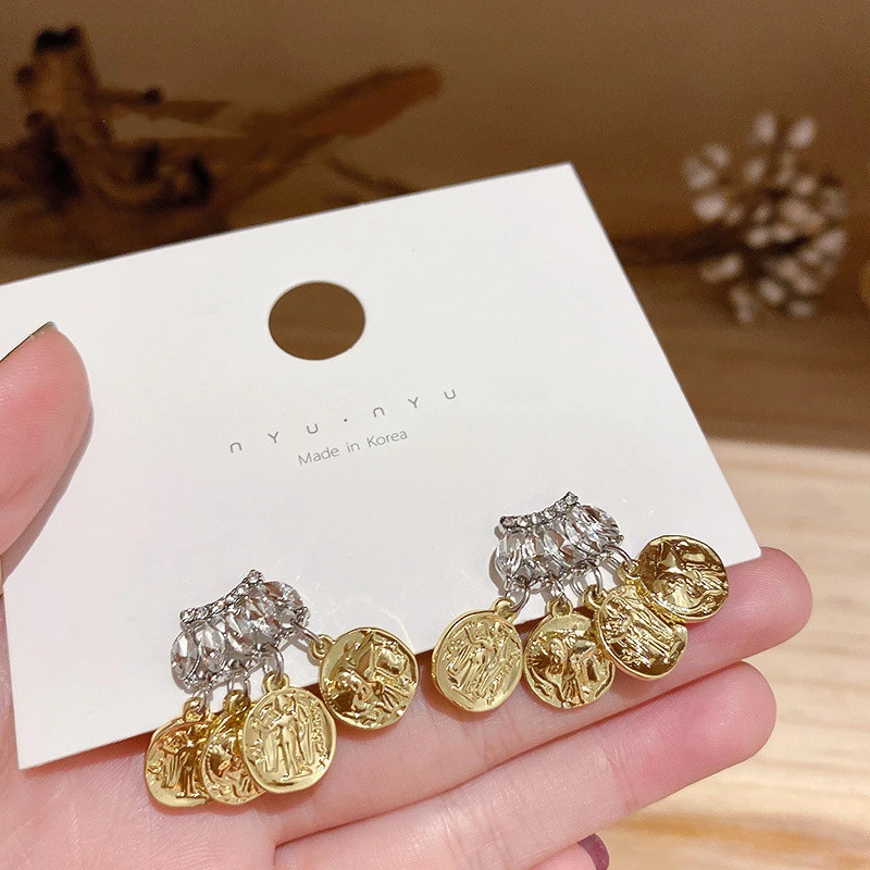 925 Silver Needle Korean Minority Design Diamond Coin Earrings