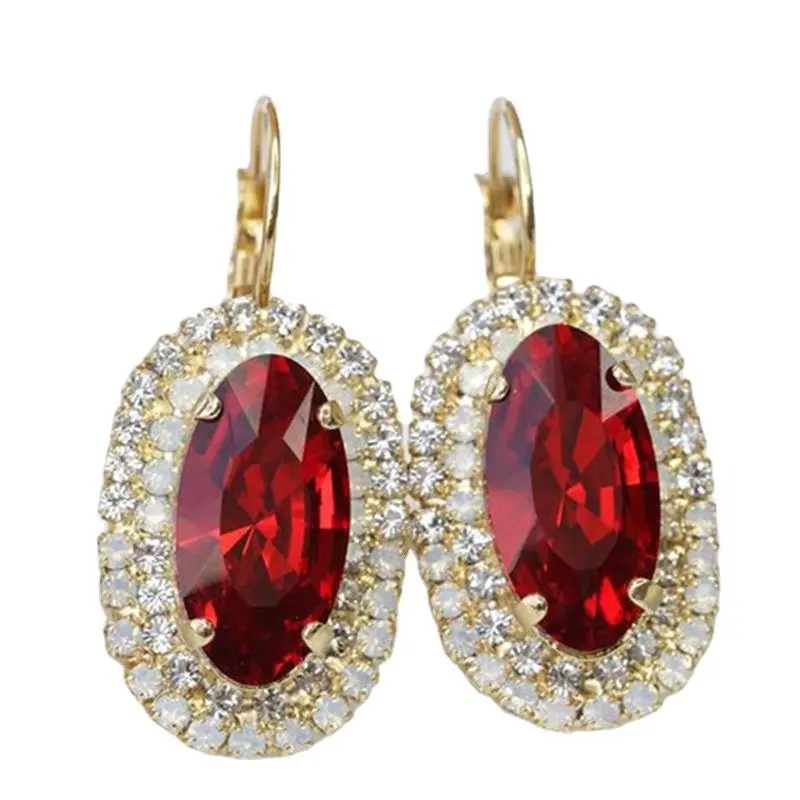 Golden Red Oval Gemstone And White Diamond Earrings