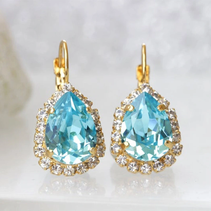 Light Blue Drop Gemstones And White Diamonds Gold Earrings