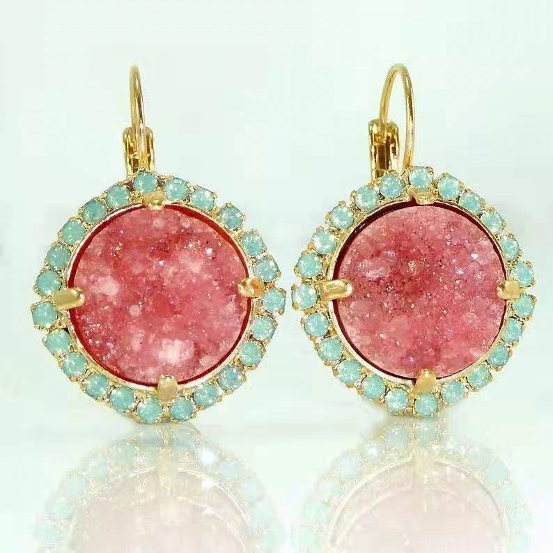 Creative Ethnic Style Cyan Garnet Red Zircon Flower Earrings