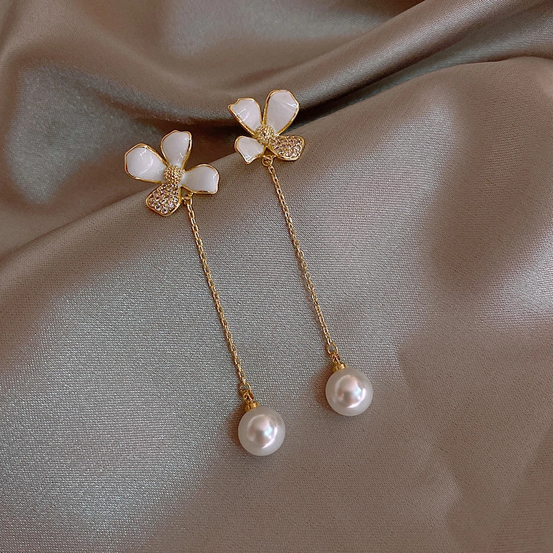 White Petal Tassel Pearl Earrings Temperament Female