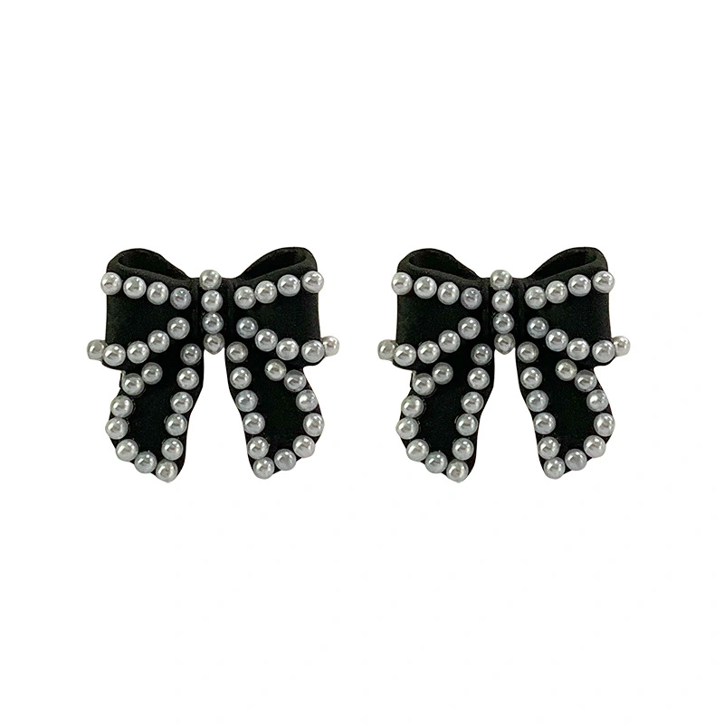 Black Retro Port Style Hepburn Pearl Bow Stud Earrings