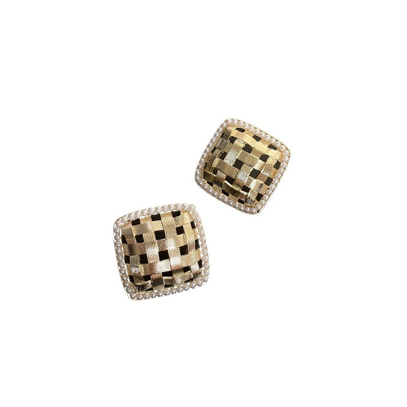 Brass Plating 14k Gold European And American Bloggers Geometric Three-dimensional Woven Square Earrings