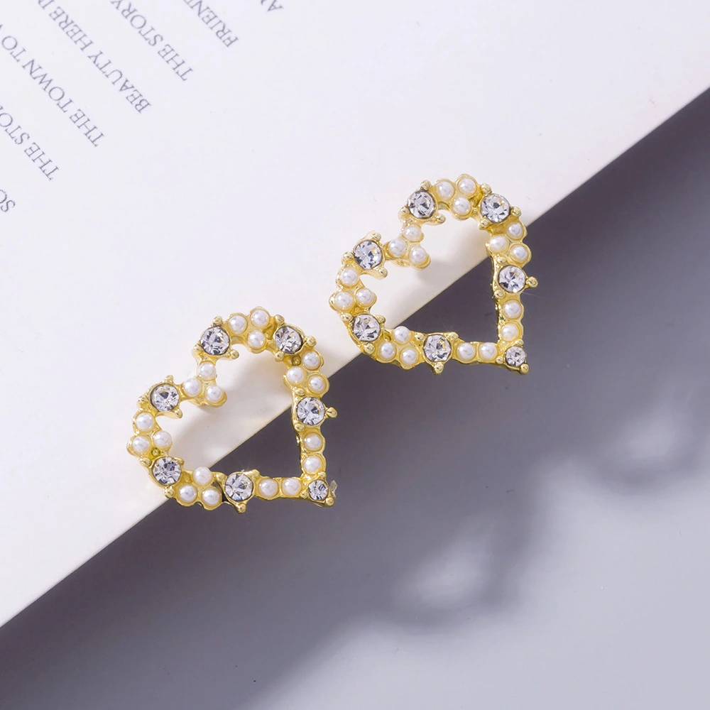 Golden Diamond Pearl Love Tree Stud Earrings Heart Shape