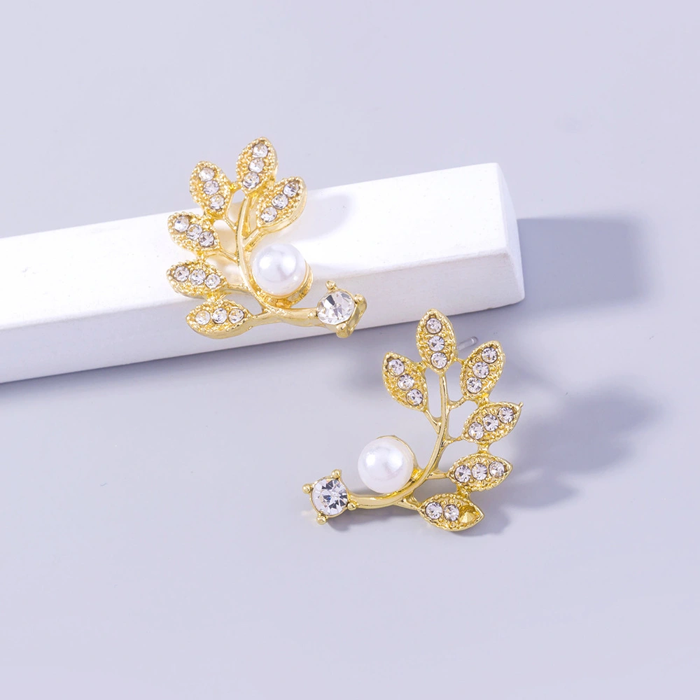 Golden Pearl Diamond Leaf Earrings Branch Accessories Women