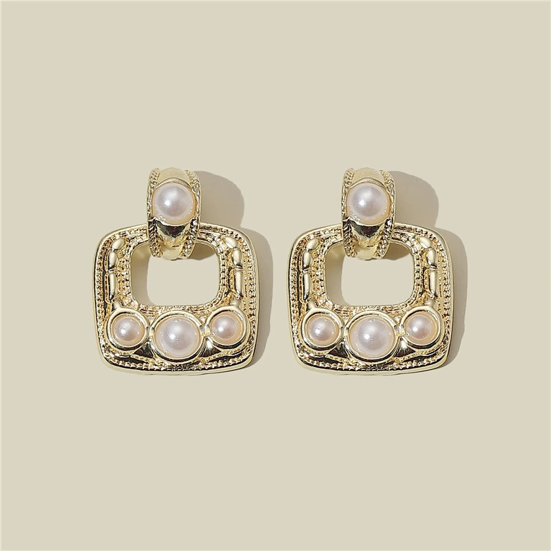 S925 Silver Needle Korean Square Pearl Rhinestone Earrings