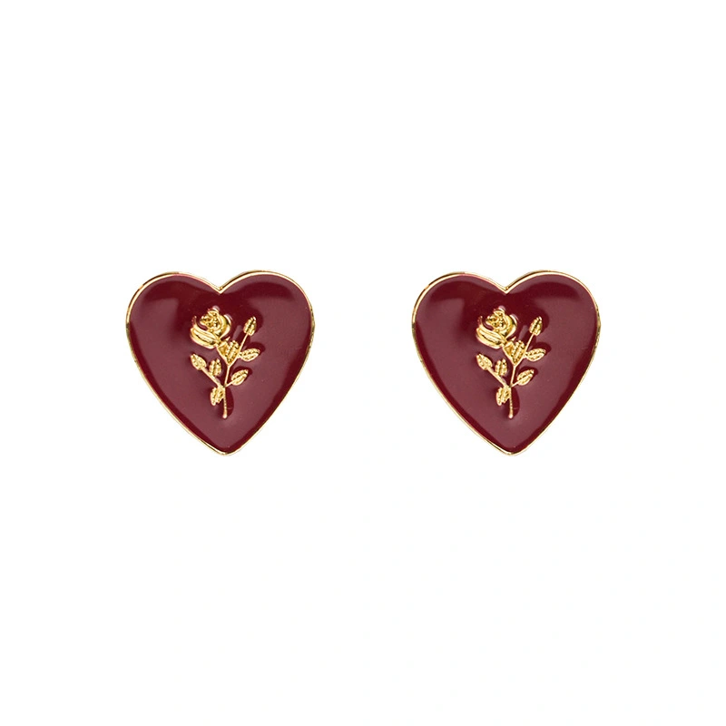 Silver Needle Retro Red Peach Heart Stud Earrings New