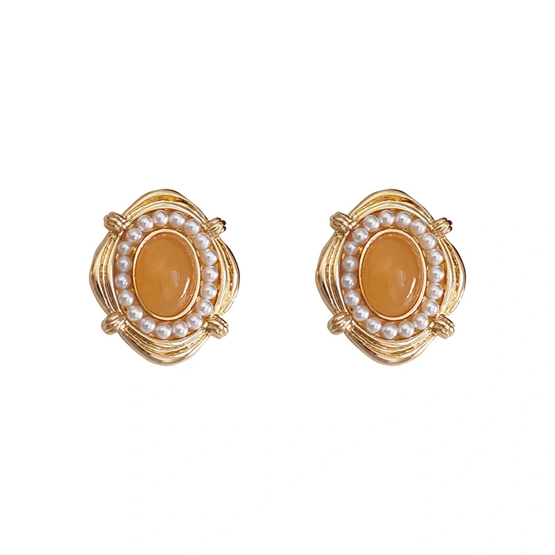  New Palace Style Earrings Yellow Gemstone Pearl Ring