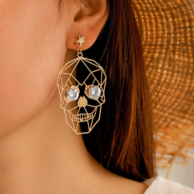 Funny Halloween Golden Skull Face Earrings Earrings