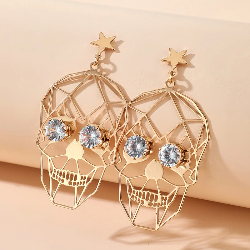 Funny Halloween Golden Skull Face Earrings Earrings