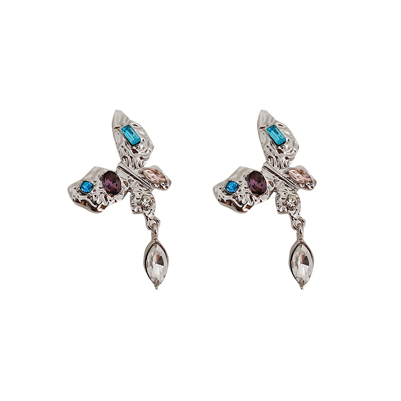 Silver Needle Crystal Butterfly Earrings Korean Design Small And Exquisite