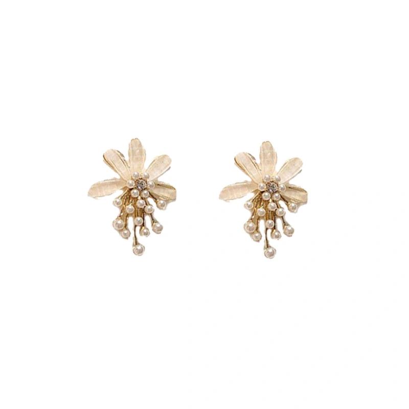 Silver Needle Rice Bead Crystal Diamond Flower Stud Earrings Korea