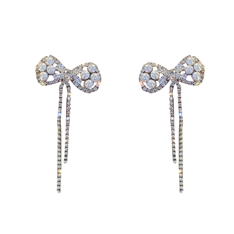 925 Silver Needle Pearl Diamond Bowknot Tassel Earrings