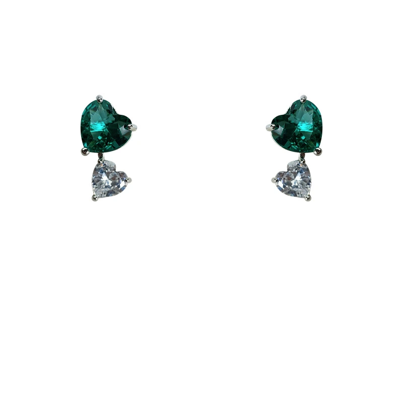 Ancient Temperament Green Zircon Love Heart 925 Silver Stud Earrings