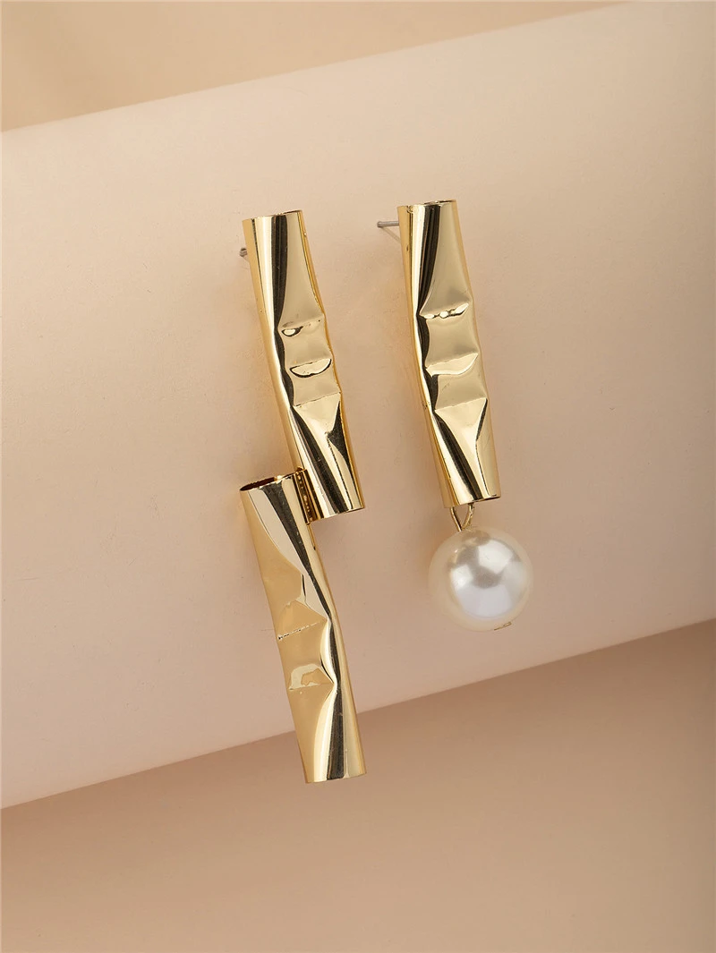 European And American Style Personality Straw Metal Pearl Asymmetric Earrings
