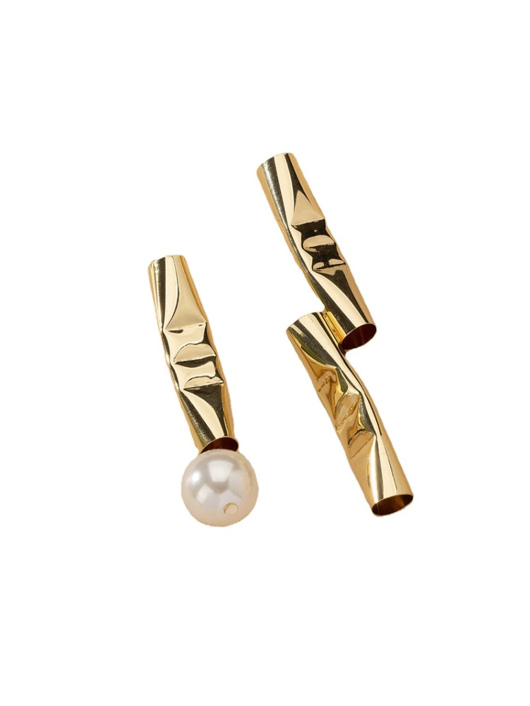 European And American Style Personality Straw Metal Pearl Asymmetric Earrings