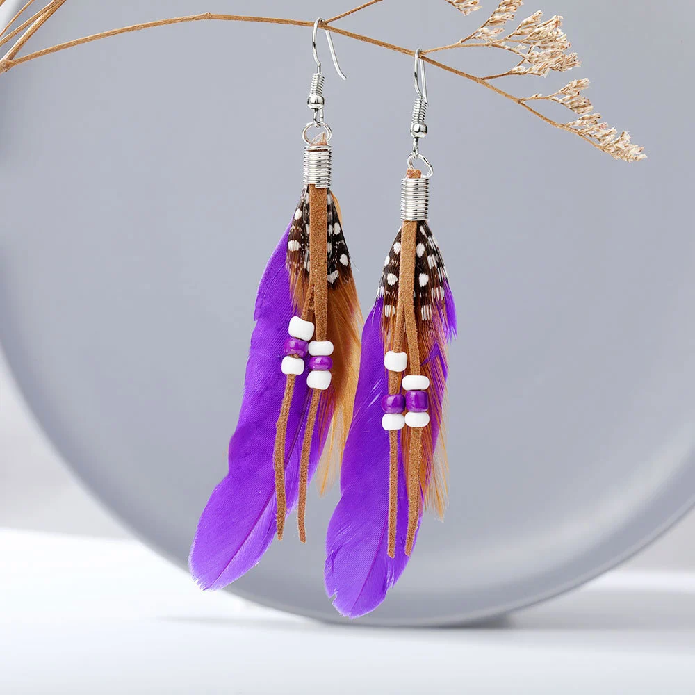 Tassel Rice Bead Feather Earrings