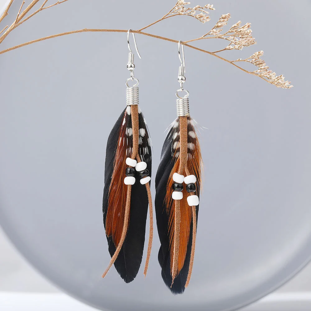 Tassel Rice Bead Feather Earrings