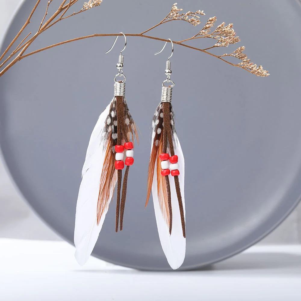 Tassel Rice Bead Feather Earrings