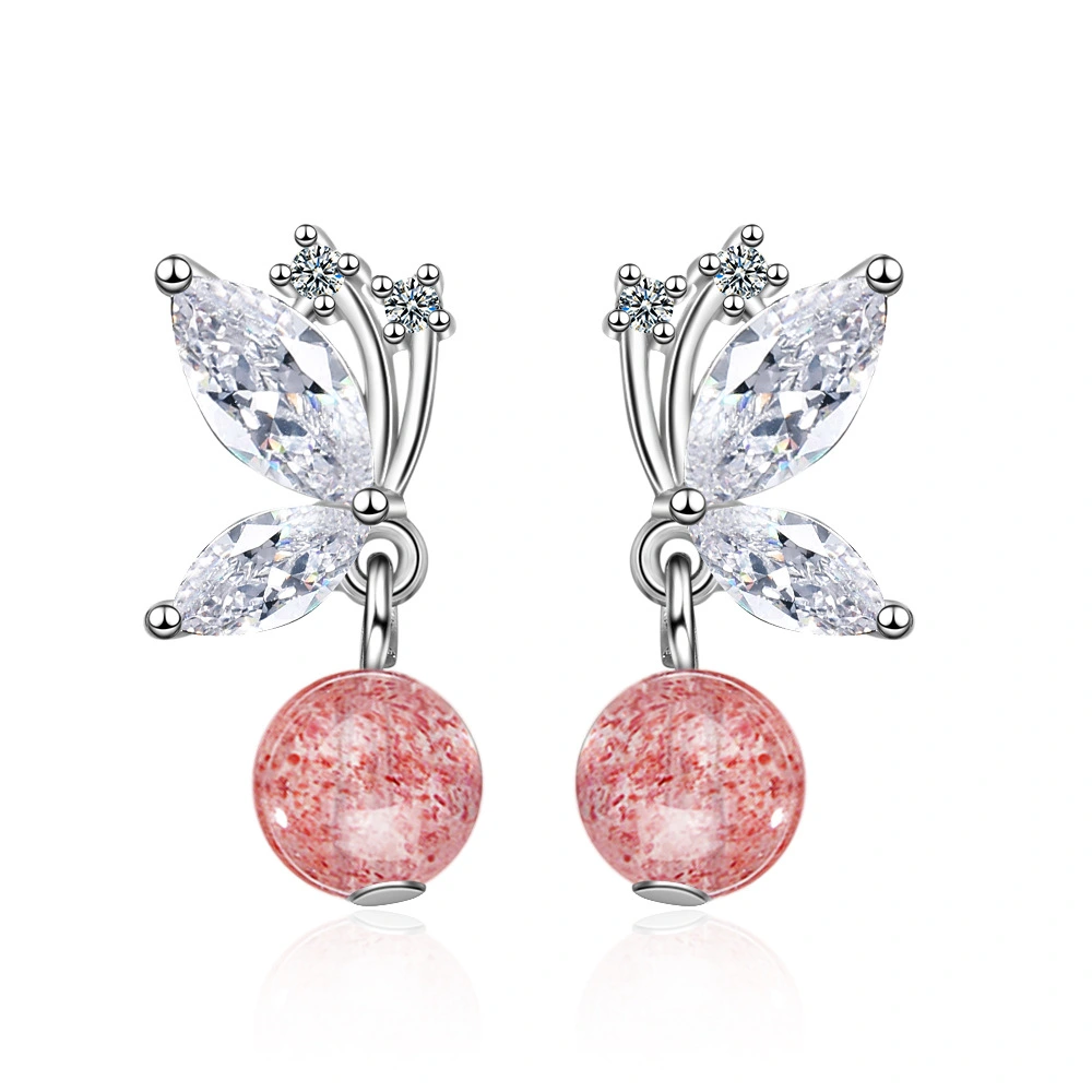 Stud Earrings Women Korean Fashion Sweet Strawberry Crystal Butterfly