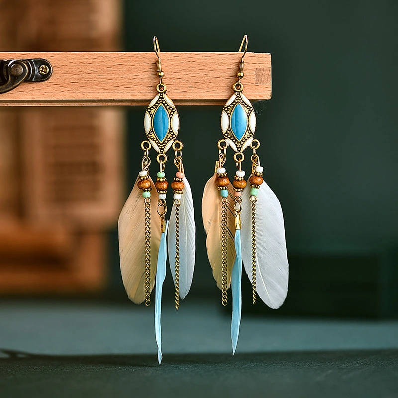 Creative Retro Tassel Feather Earrings Women's Long Oil Dripping