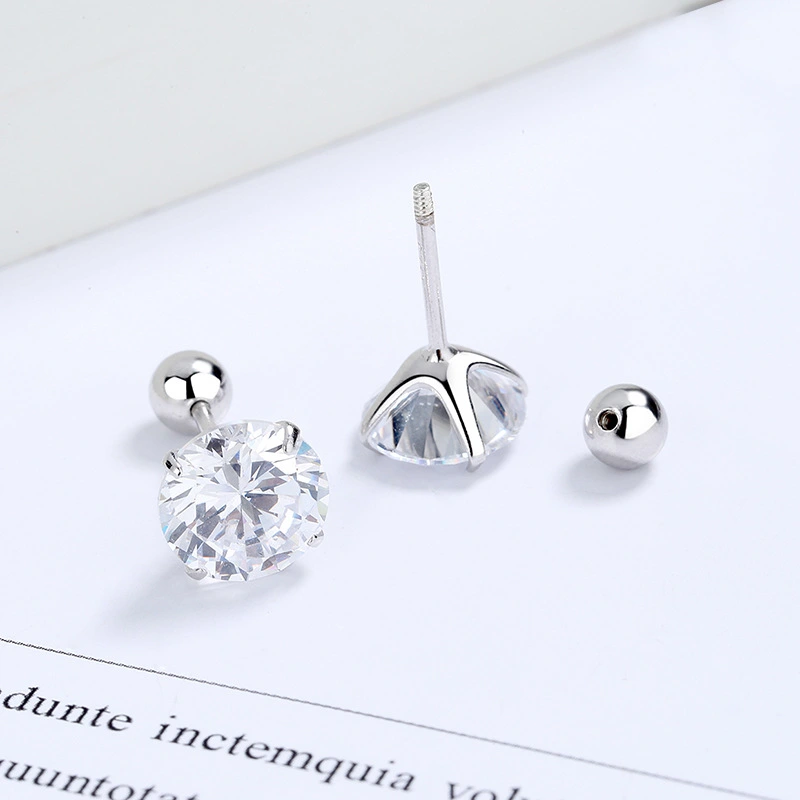 Sterling Silver Zircon Four-claw Round Bead Thread Stud Earrings