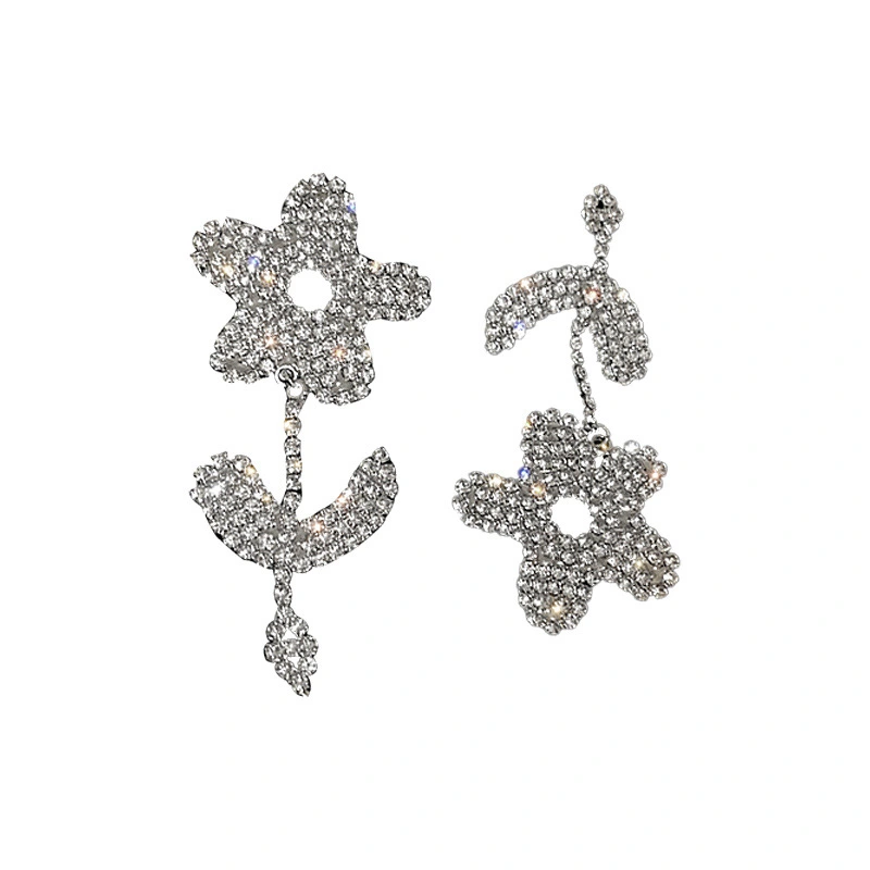 Silver Needle Micro Inlaid Zircon Flower Asymmetrical Earrings