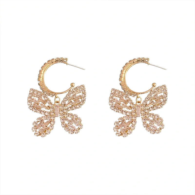 Silver Needle Full Diamond Zircon Butterfly Hoop Earrings Korea