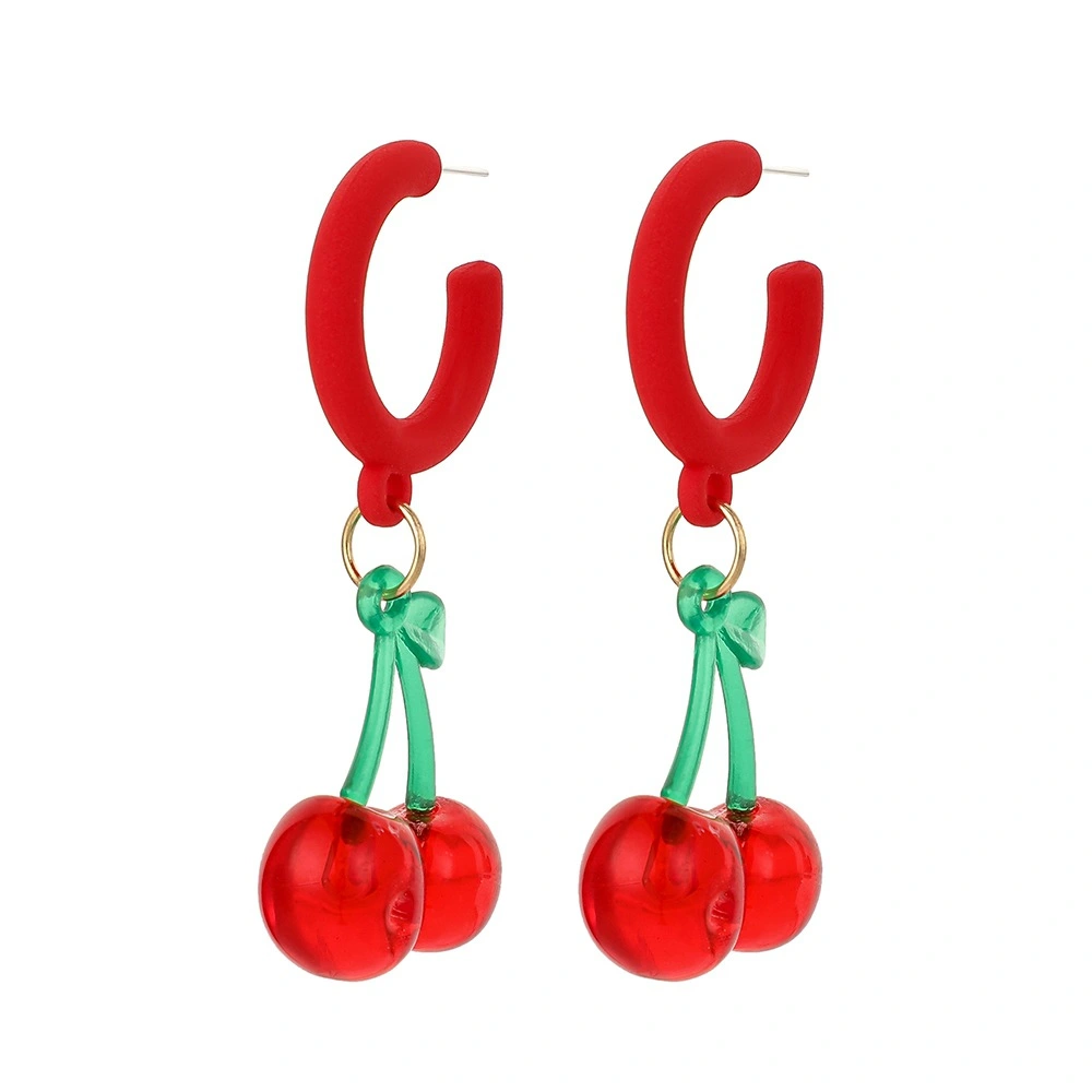 Fashion Personality Acrylic Letter C Shape Red Spray Paint Cherry Earrings