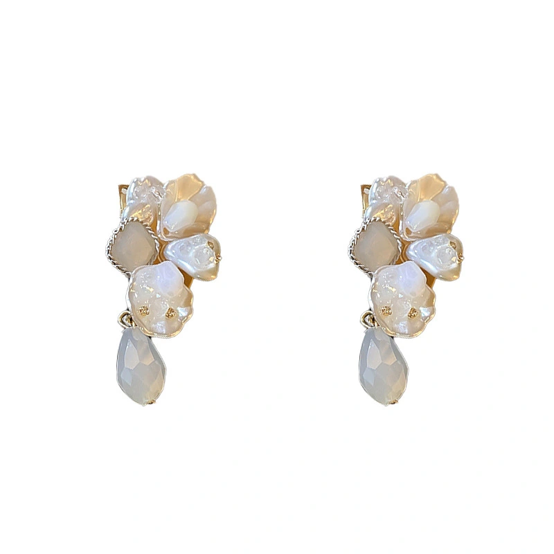 Silver Post Baroque Crystal Pearl Diamond Earrings