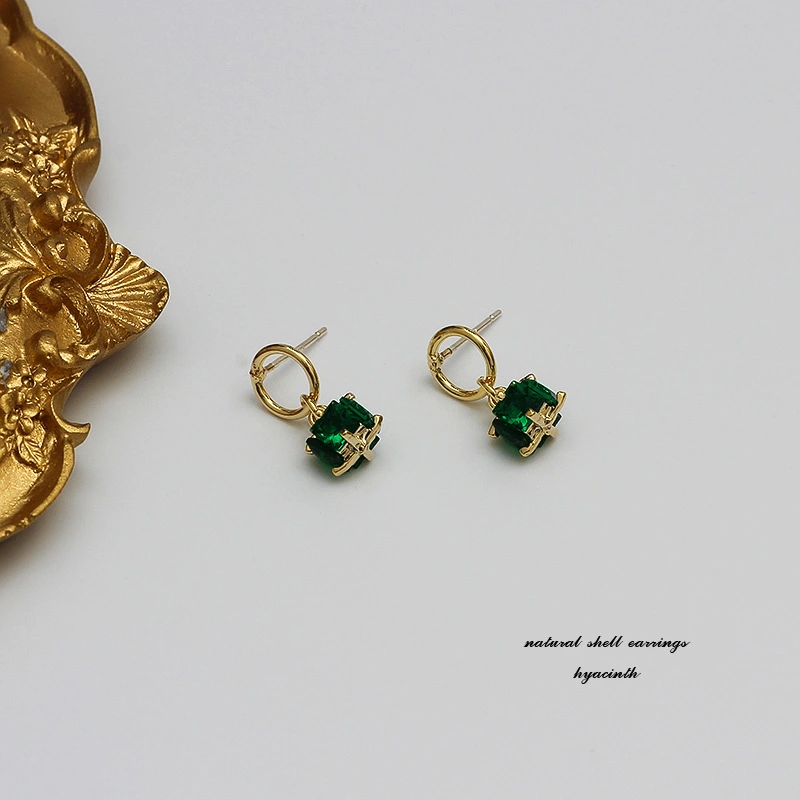 Gold Square Emerald Crystal Stud Earrings Exquisite Ear Jewelry