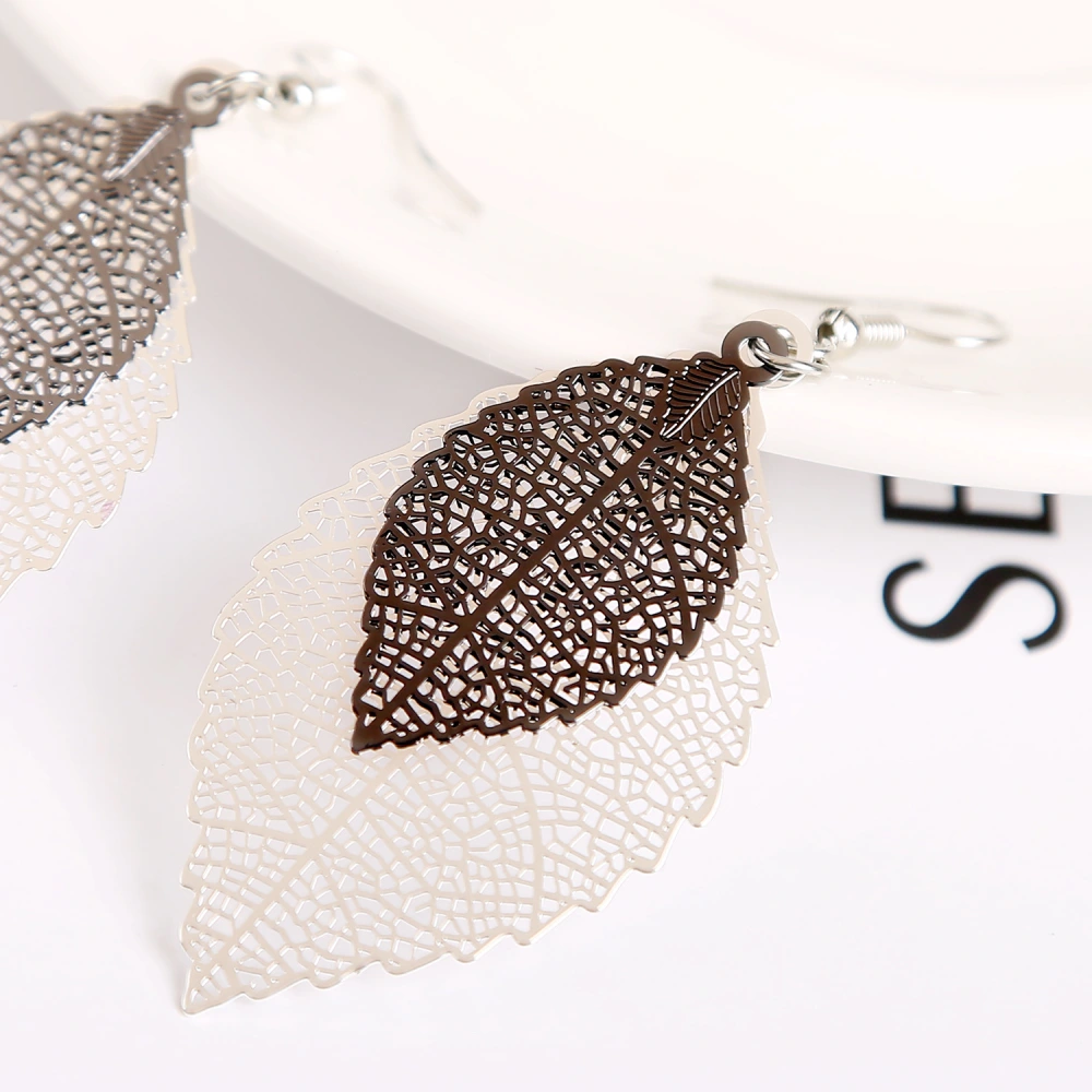 European And American Leaf Earrings Gold Simple Double-layer Hollow Leaf