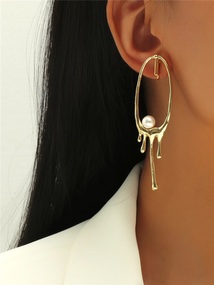 Oval Irregular Metal Lava Pearl Long Earrings