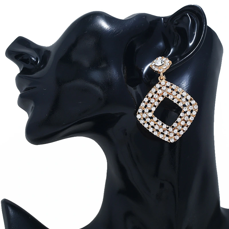 Simple Hollow Square Full Diamond Flashing Earrings