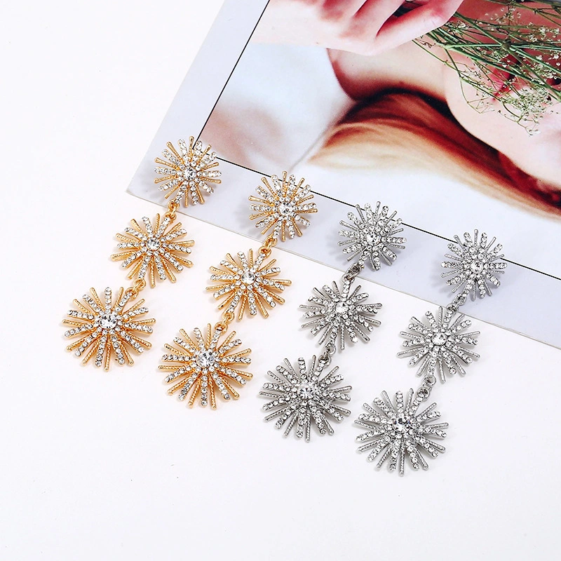 Alloy Diamond Sunflower Long Earrings