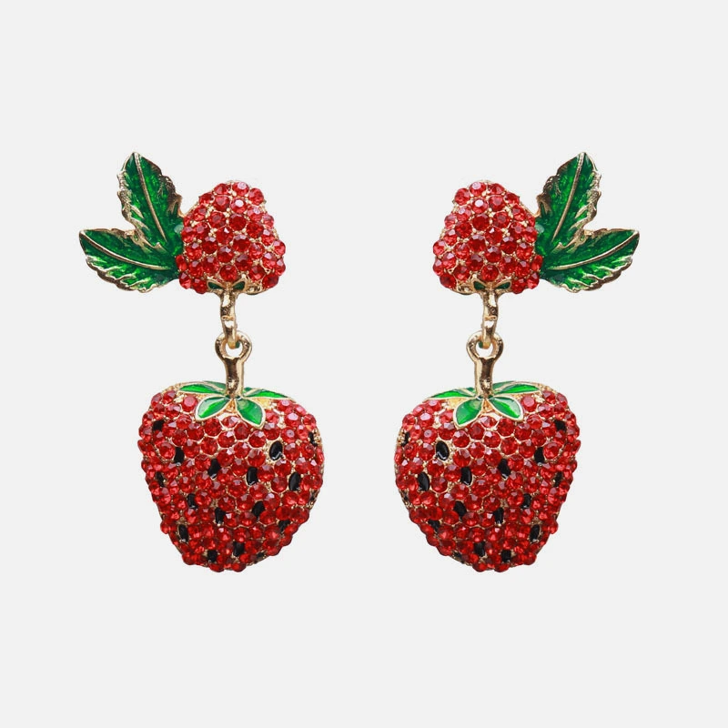 Fashionable Cute Fruit Stud Earrings Strawberry Shaped Red Crystal Gem Earrings