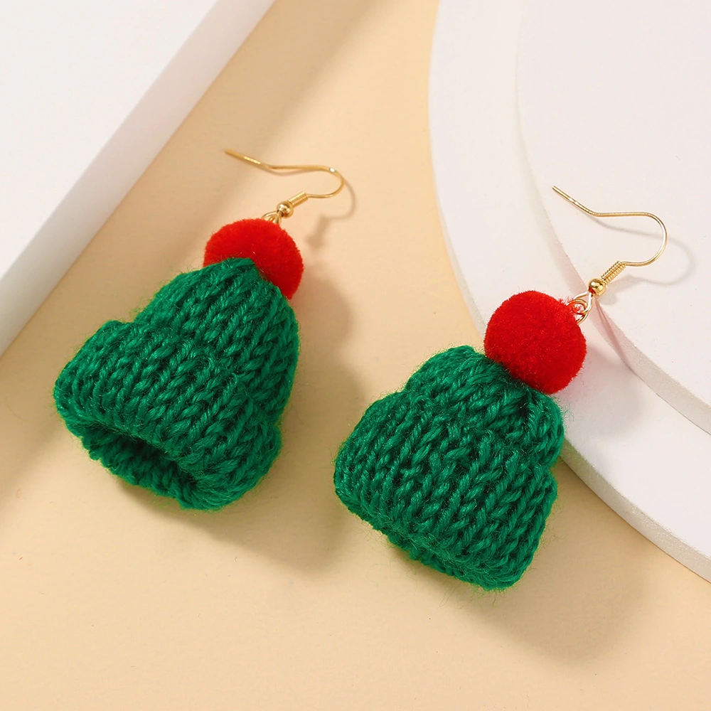 Hand Knitted Christmas Yarn Hat Pendant Earrings