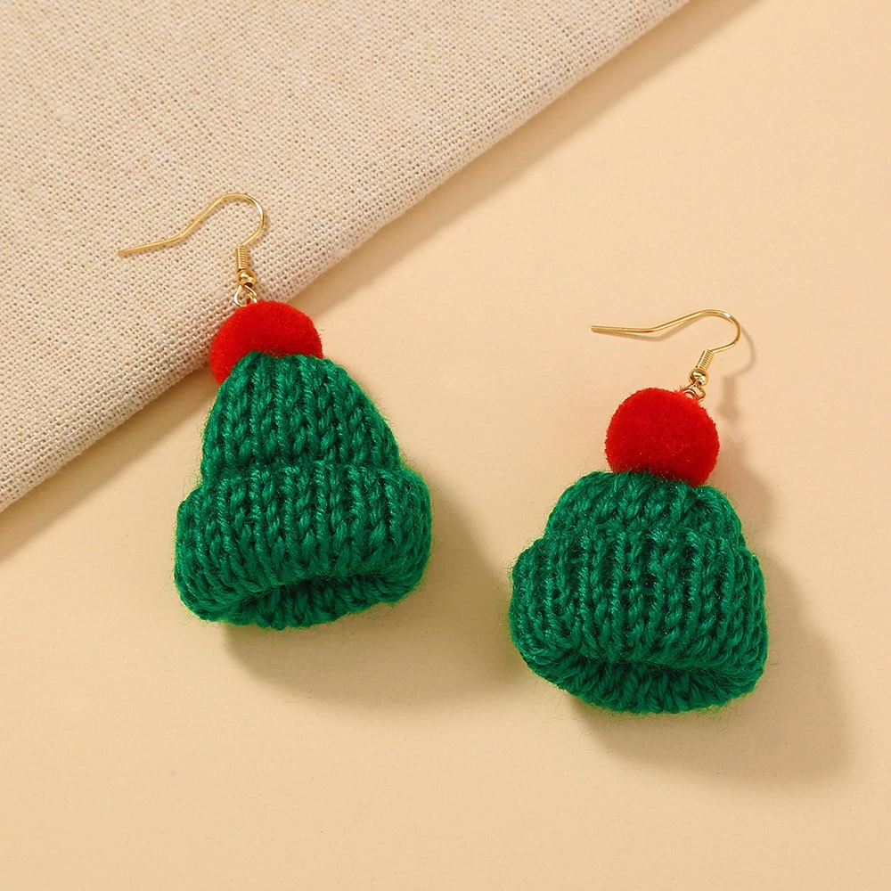 Hand Knitted Christmas Yarn Hat Pendant Earrings