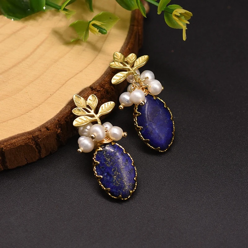 925 White Fungus Needle Natural Freshwater Pearl Branch Lapis Lazuli Earrings